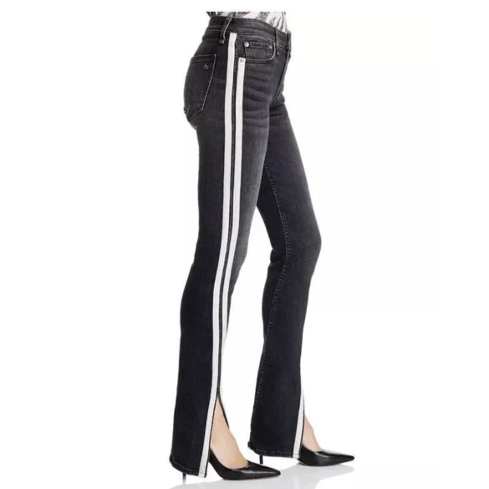 Rag & Bone Cate Mid-Rise Flare Jeans Dark Gray Racing Stripe Split Hem Size 31